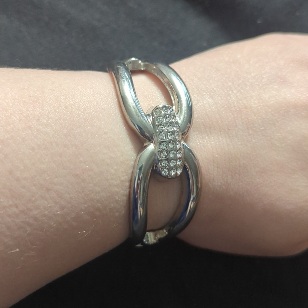 Silver Tone Clear Rhinestone Hinged Cuff Bangle Statement Bracelet